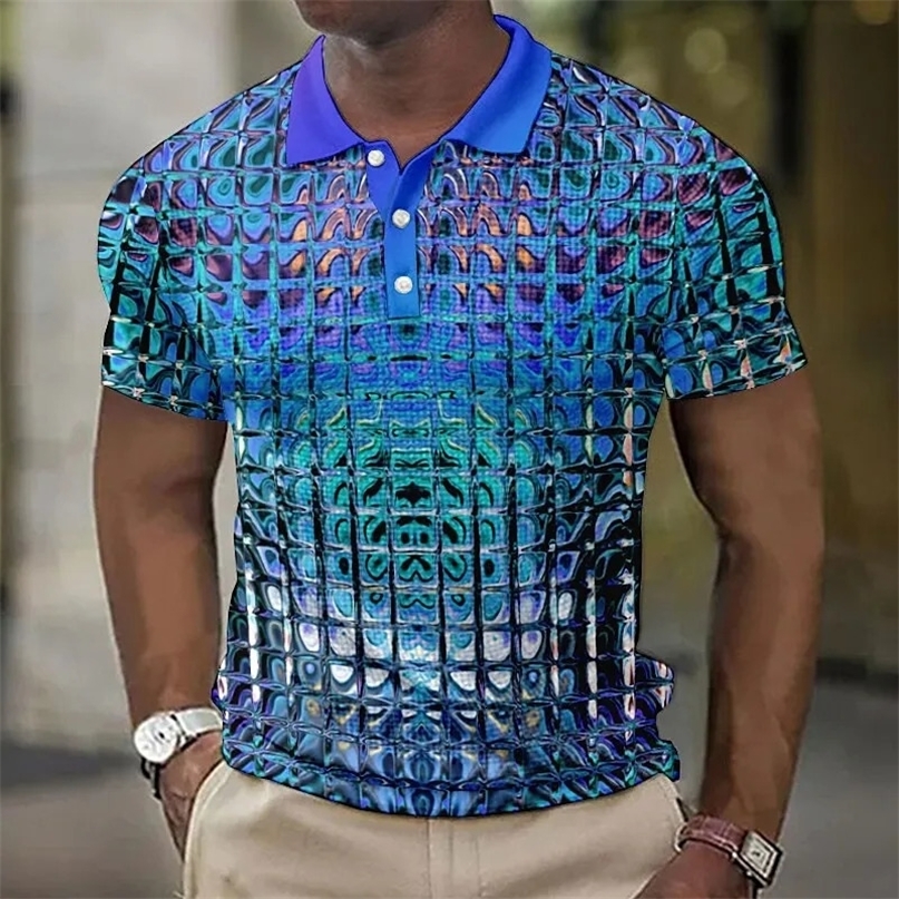 Fashion MenS Polo Shirts 3d Simulation Metal Plaid Printed MenS Clothing Summer Casual Short Sleeved Street er Tops Tees 250304