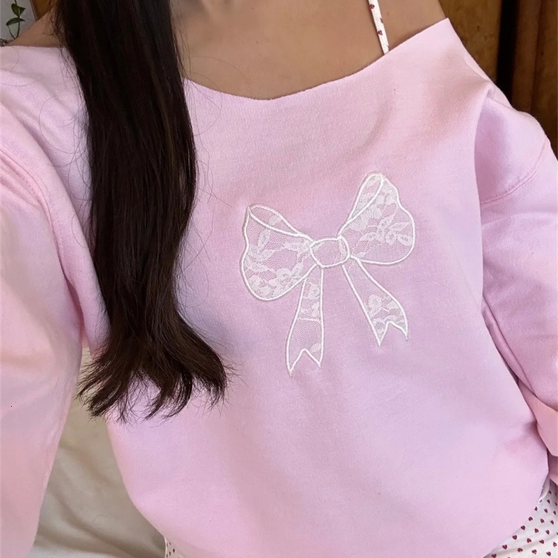 Women Coquette y2k Clothes Off Shoulder Sweatshirts Bow Print Loose Long Sleeve Pullovers Crewneck Kawaii Tops Streetwear 250410