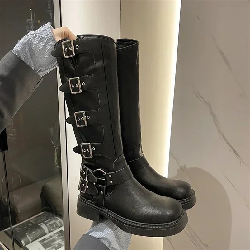 Woman Boots Knee High Platform Elegant Low Heel Trend Punk Gothic Rock Leather Fashion Womens Shoes Motorcycle Footwear 241227