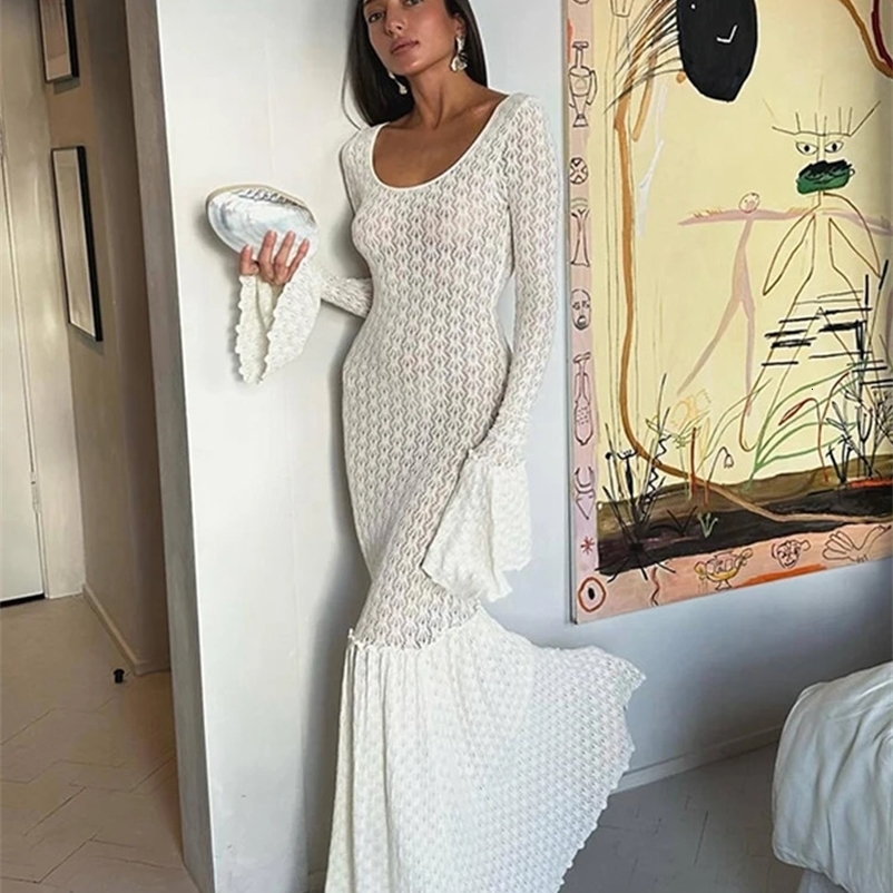 Sexy Knit Beach Long Dress Women Hollow-Out O-Neck Full Flare Sleeve Bikini Cover-Ups Dresses Fall Backless Holiday Party Robe 240828