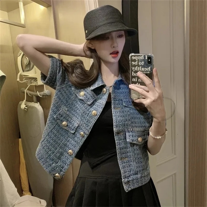 Womens Summer Fashion Retro Denim Short Sleeve Coat Ladies Loose Fit Jacket 240828