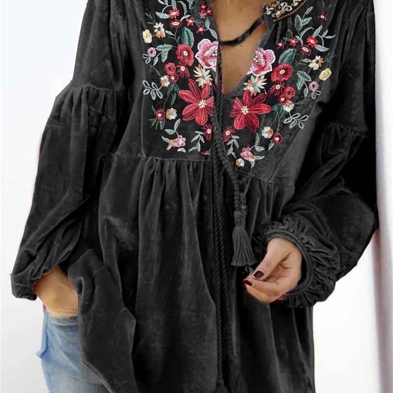 Womens retro printed V-neck long sleeved elastic cuffs streetwear spring and autumn loose velvet T-shirt floral womens clothing 241206bj