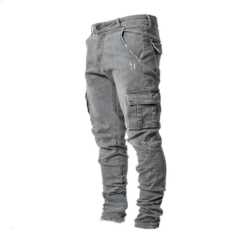 Spring Summer Mens Clothing Solid Color Stretch Multi-Bag Skinny Pants Slim Slimming Denim Cargo Pants Jeans 240816