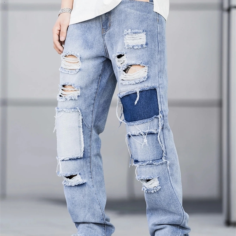 Men patched up torn jeans men loose-fitting trendy jeans blue slacks stretch jeans mens 2024 fashion trend jeans 250206