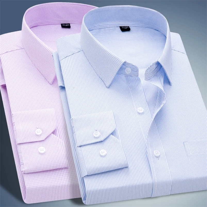 Business Anti-wrinkle Non-ironing Long-sleeved Shirt Mens Formal Plaid Stripe Cotton Classic Workplace Office Tooling 240816