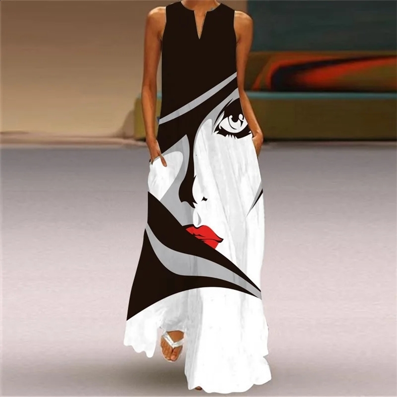 Fashionable V-neck printed sleeveless womens Maxi dress summer casual loose straight beach long dress womens Sundress womens Vestidos 250213