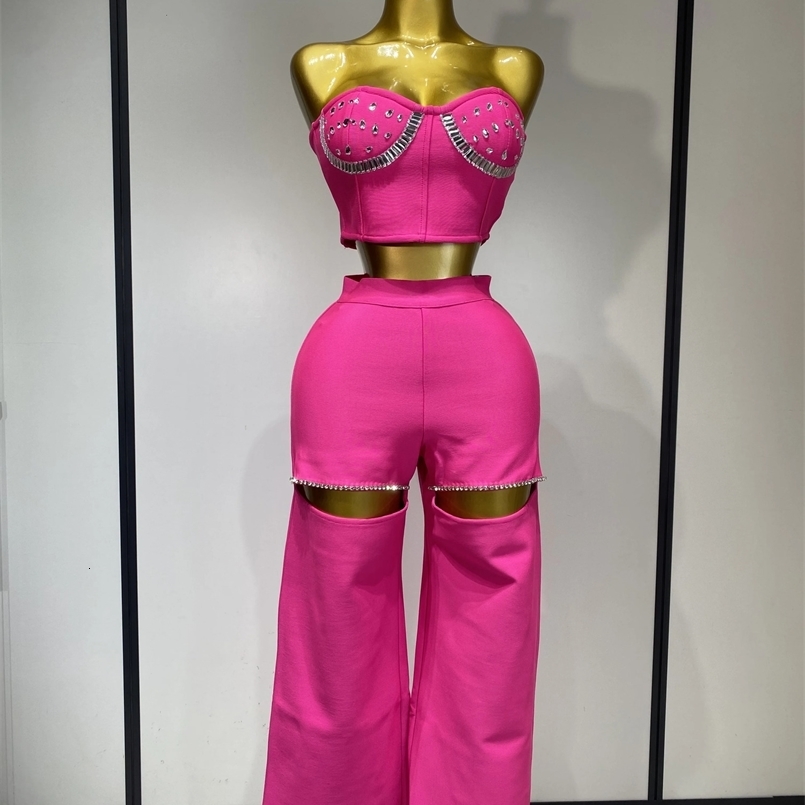 Women Sexy Strapless Top Cut Out Bodycon Two Pieces Bandage Pants Celebrity Fashion Women Diamond Birthday Set 250322