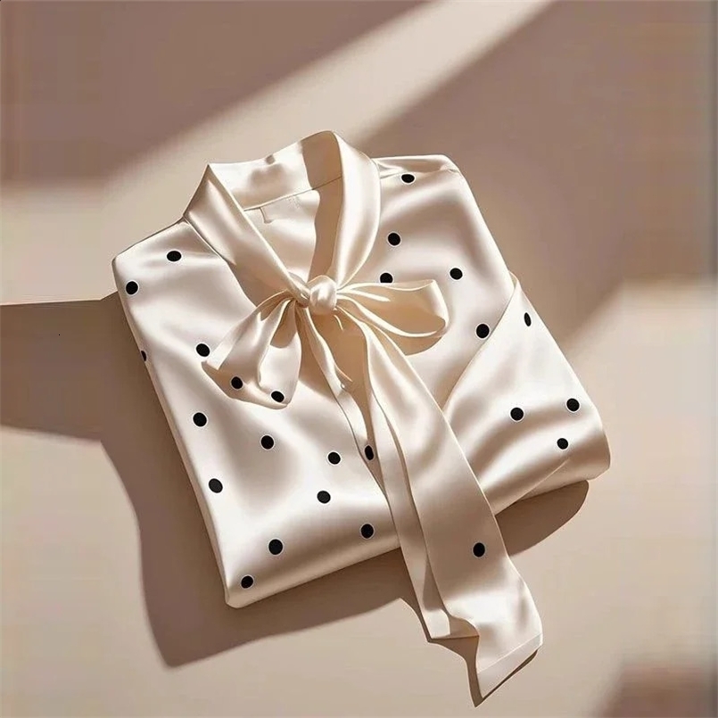 Elegant French Women High Quality Satin Polka Dot Print Shirt Office Lady Casual Chic Blouse Lace-up Bow Long Sleeve Loose Tops 250422