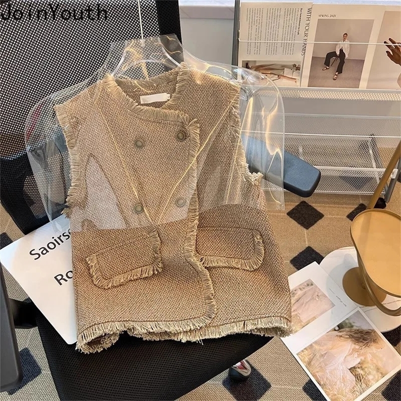 Sleeveless Cardigan Women Vest Ropa Mujer Double Breasted Vintage Waistcoat Fashion Korean O-neck Tweed Loose Tanks Tops 240823