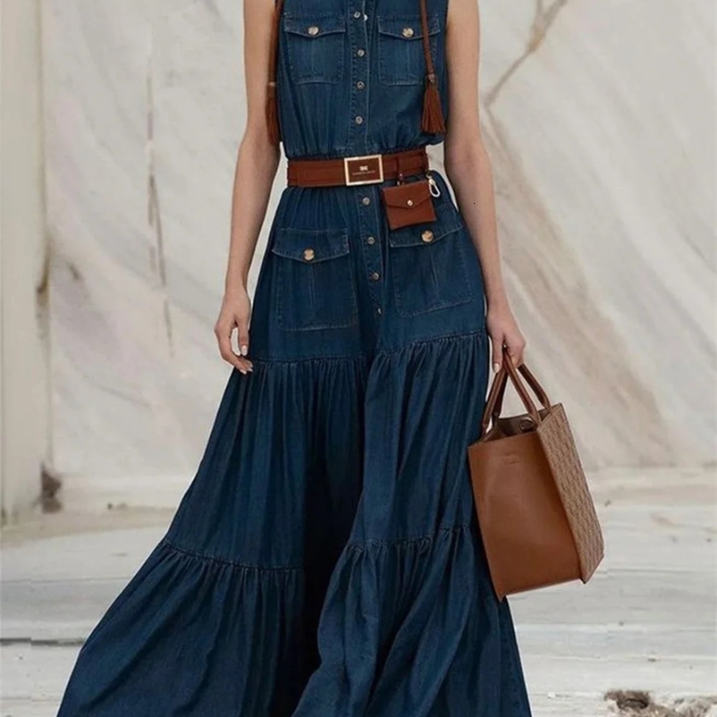 Women Fashion Demin Tank Dress Turn Down Coallr Vintage Pleated A-Line Summer Casual Retro High Street Pockets Dresses 2024250414bj