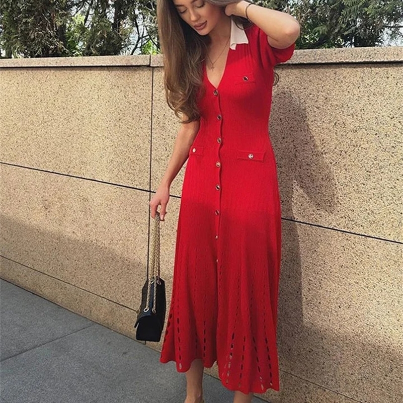 Contrast Single Breasted Knitted Dress For Women Elegant Lapel Short Sleeve Hollow Out Dresses Chic Female High Street Vestidos 240809