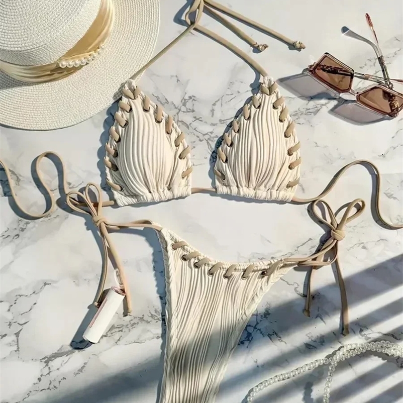 2025 Halter Wrinkled Weave Bikini Women Swimwear Female Swimsuit Two Pieces Bikini Set Brazilian Bathing Suit Swim Beach Wear250324bj