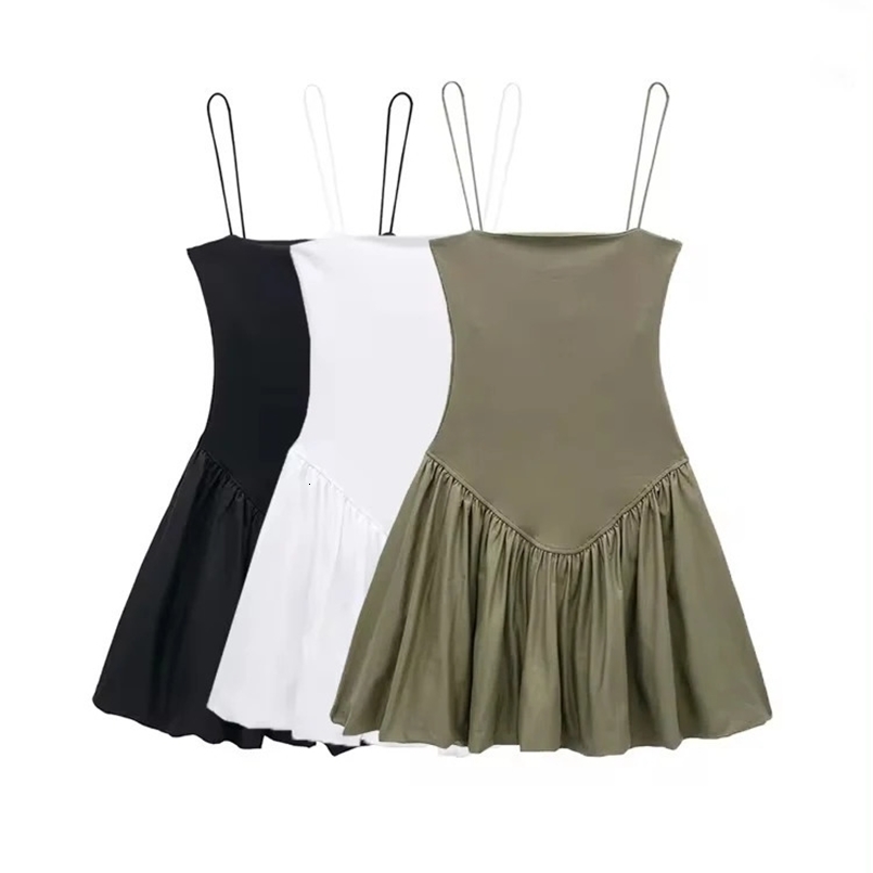 TRAF-Womens Patchwork Ribbed Poplin Puff Mini Dress Straight Neck Thin Straps Female Dresses Sexy Fashion 250113