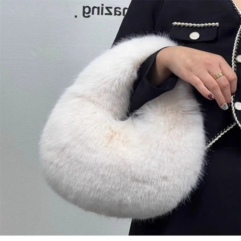 Soft Plush Artificial Fur Half Moon Bag Fashion Casual Handbag Womens Winter Wallet Fluffy Womens Handbag Party Clutch Bag 241205bj