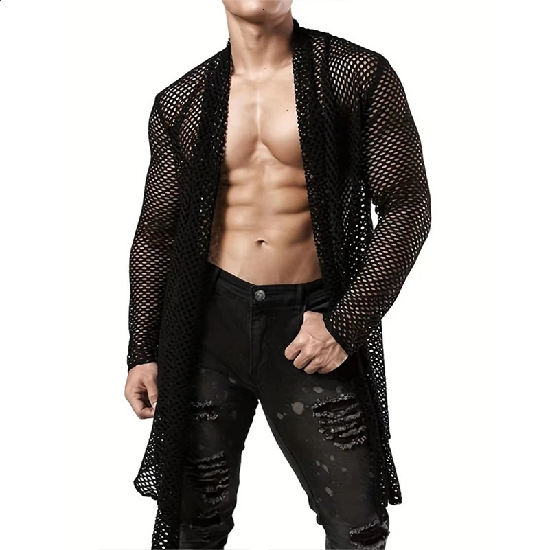 Mens Sexy Hollow Out Long Cardigan Grid Shirts Streetwear Fashion Perspective Long-sleeved Solid Color T Shirts Tops S-XL 250327