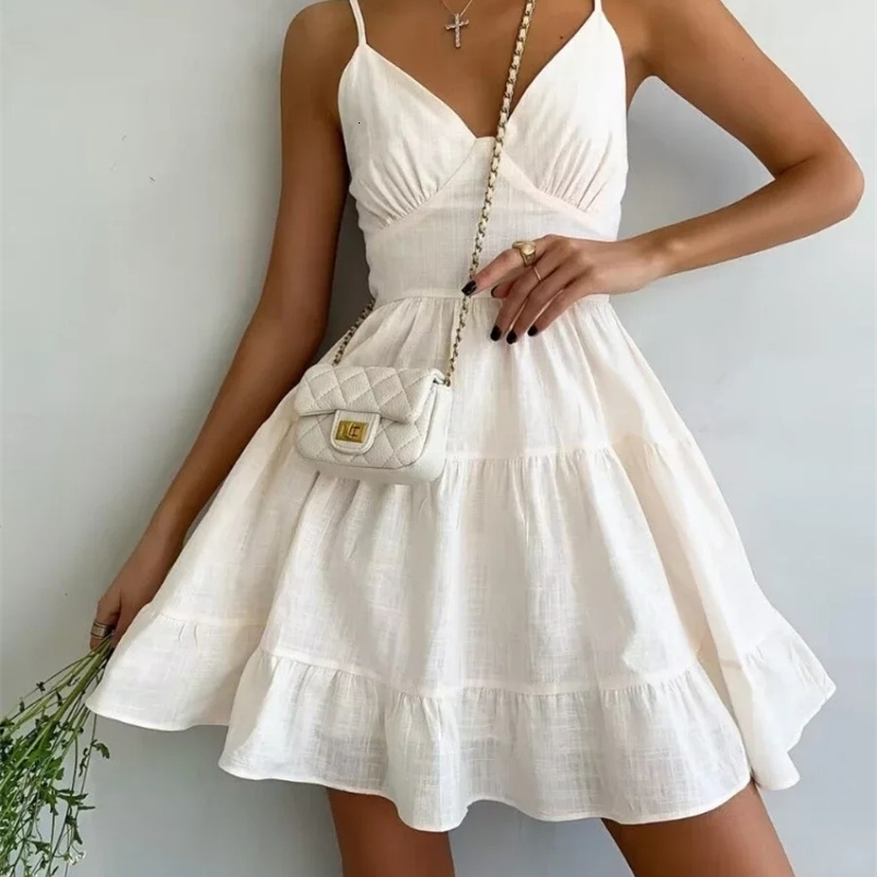 Wolfeel Spring Summer Womens Linen Cotton Dress Retro A-line Strap Dress Sexy Girl V-neck Camisol Ruffle Dress250425bj