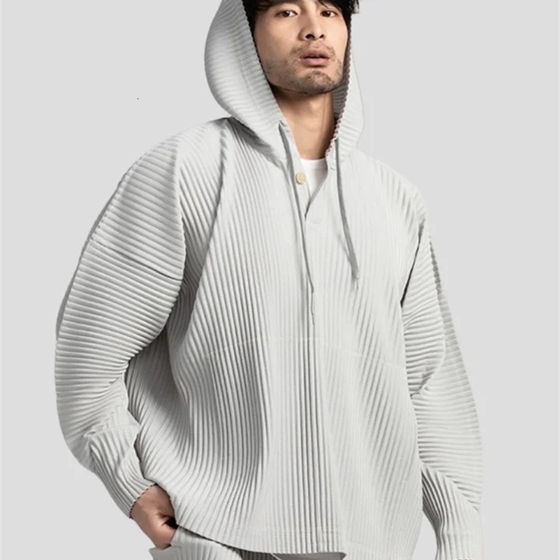 Miyake Pleated Hoodies For Men Black Hoodie Solid Color Coat Breathable Loose Drawstring Casual Top 240826