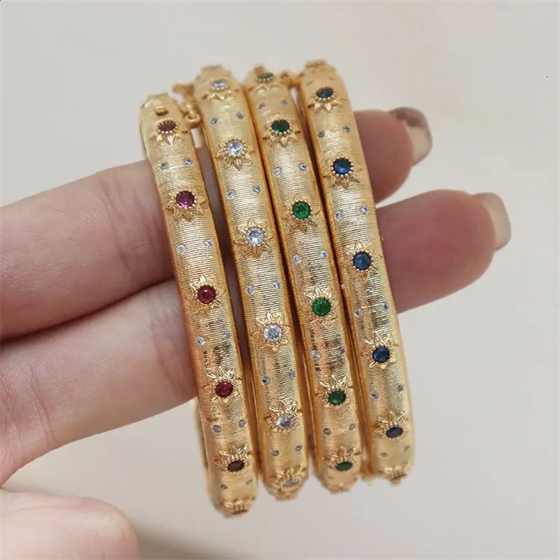 14 18k Real Gold Plated Metal Emerald Ruby Sapphire CZ Zircon Cuff Bangle Women Gift er Italy Egypt Vintage Jewelry 240914