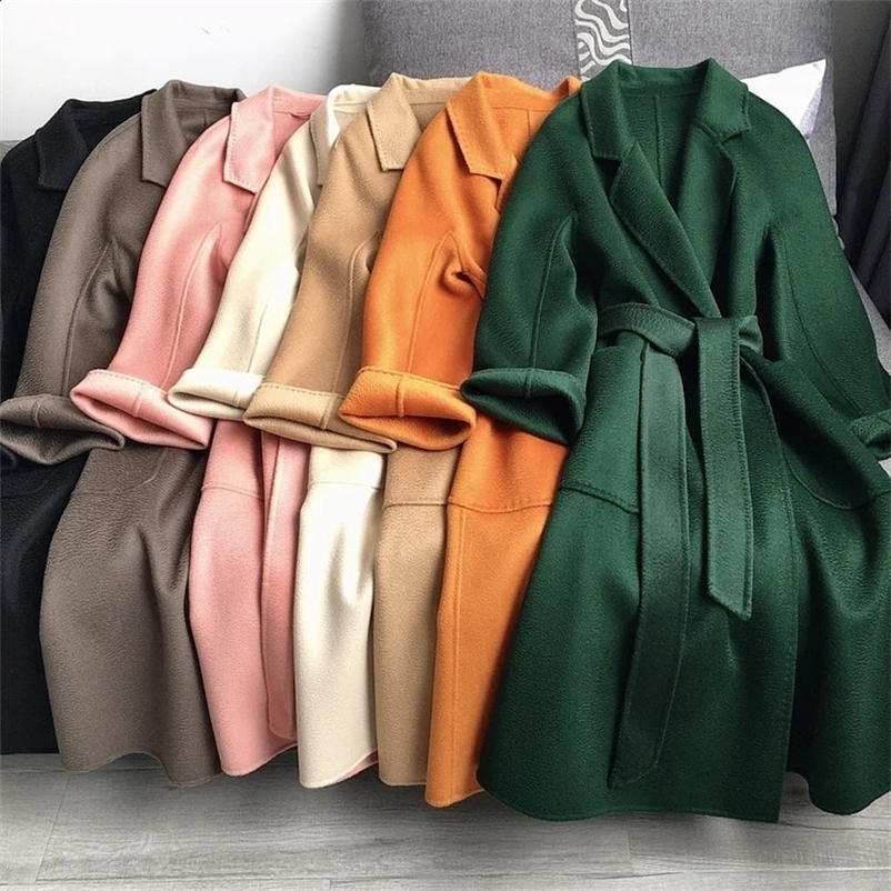 Casual Large Thick Water Wave Handmade Double sided Wool Womens Jacket with Flip Collar Long Loose Belt Jacket Autumn and Winter 240824bj