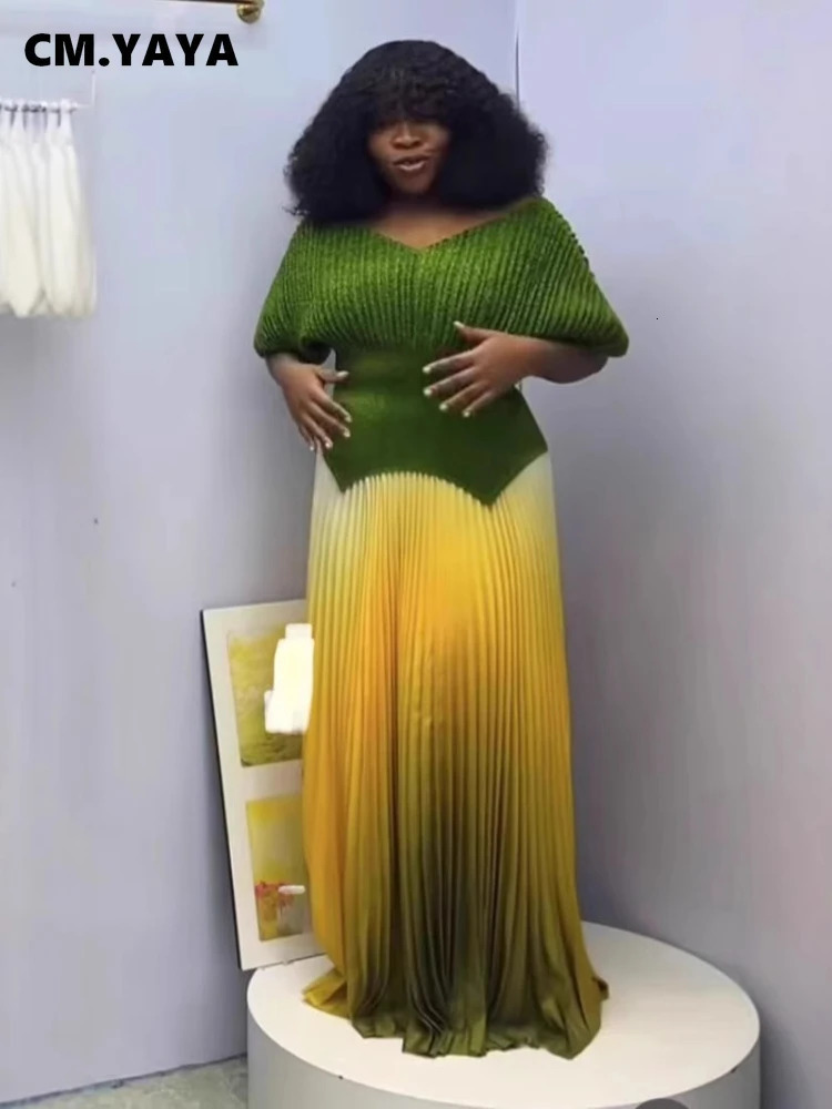CMYAYA Gradient Womens Set Short Sleeve Vneck Tops and Pleated Long Skirts Suit Street Two 2 Piece Dress African Outfits 250922