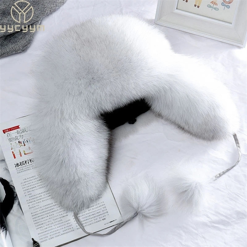 100% Real Fox Fur Hats Womens Russian Ushanka Trapper Snow Skiing Hat Caps Earflap Winter Raccoon Fur Bomber Hat 240906
