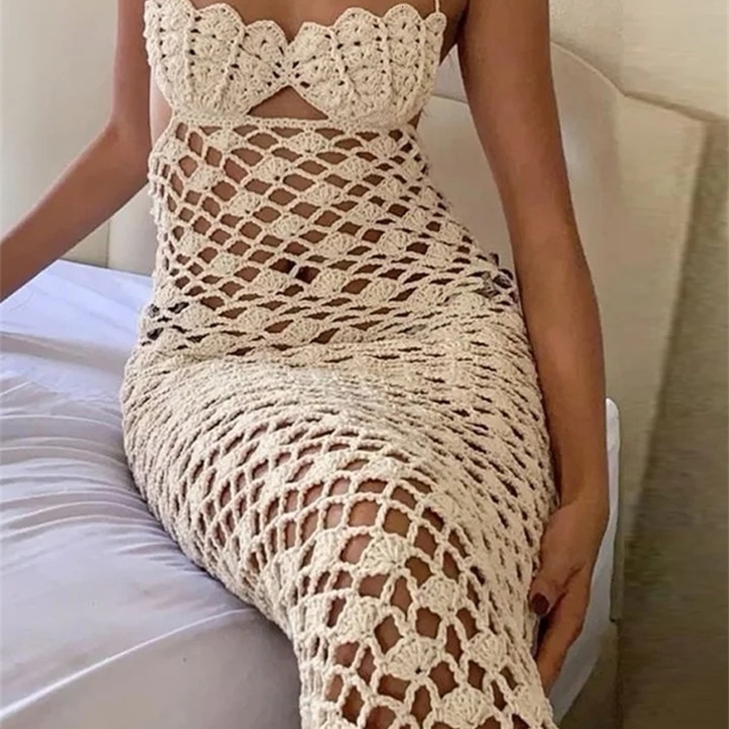Sexy Crochet Hallow Out Long Dress Women Holiday Halter Lace Up Solid Slim Dresses 2025 Summer High Waist Bodycon Beach Robe 250409