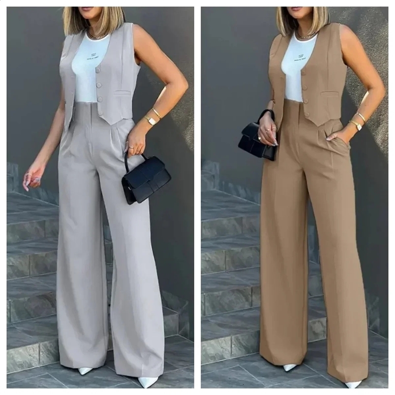 Stylish Women Commuting Vest Tops High Waist Wide Leg Pants Spring Autumn V Neck Sleeveless Button Regular Work Pants Set 240812