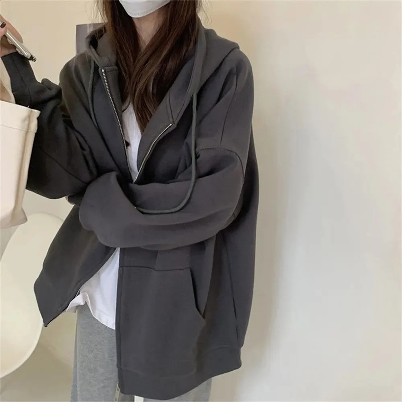 Women Solid Hoodies Coat Harajuku Basic Long Sleeve Spring Autumn Loose Zip Up Casual Oversized Sweatshirts Jacket with Pocket 250107