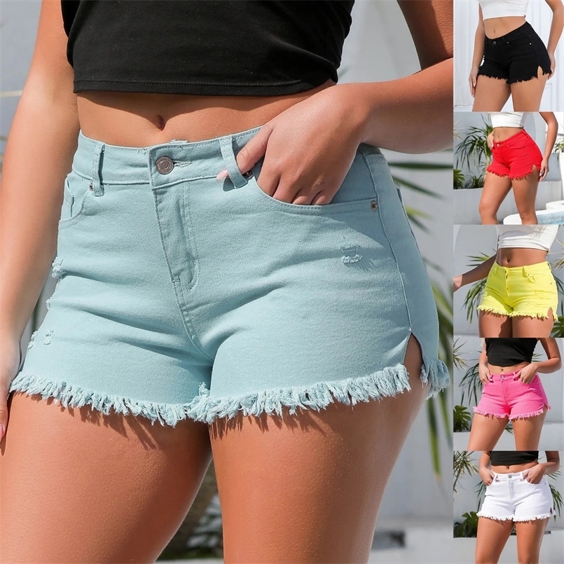 Sexy Denim Shorts High Waist Tassel Slim Shorts Jeans Solid Color Side Split Casual Jeans Shorts Summer Clothes 250429