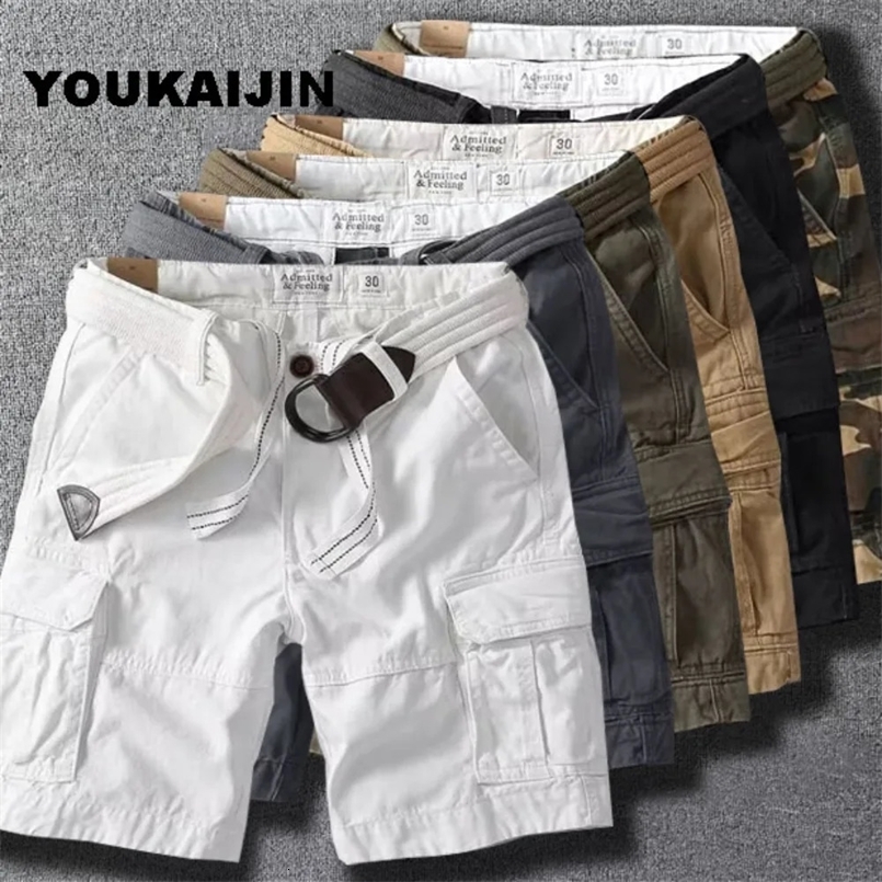 White Men Shorts Loose Large Size Multi-Pocket Overalls Summer Cotton Comfortable Nickel Pants Outdoor Casual Sports Beach Pants 250411