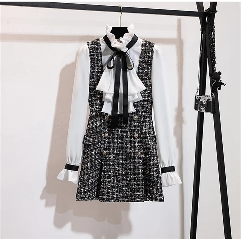 S-XXL Autumn Winter 2 Piece Set Dress Fashion Women Chiffon Ruffles Bow Shirt Double-breasted Plaid Tweed Dress Set 240729