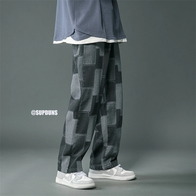 Autumn Men Jeans Vintage Geometric Patchwork Hip Hop Denim Pants Male Straight Loose Streetwear Baggy Cowboy Trousers 240708