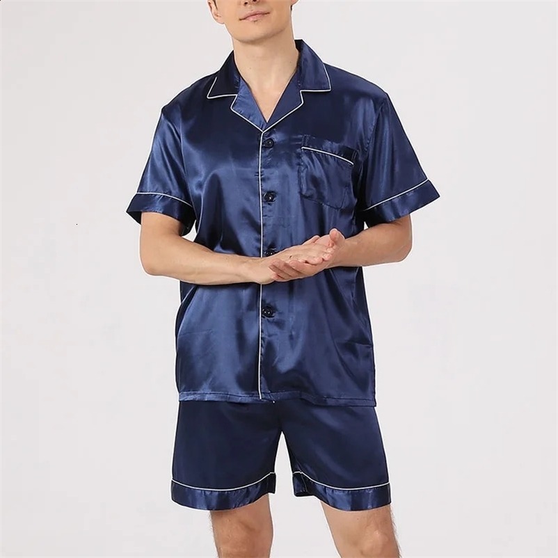 Men Pajama Sets Ice Silk Satin Short Sleeve ShirtShorts 2Pcs Suit Summer Thin Sleepwear Solid Color Male Casual Home Clothes250403bj
