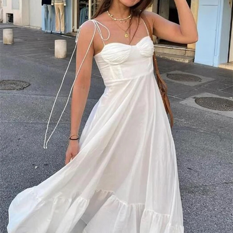 TRAF Elegant Womens Tie Long Dress Summer Classic Fashion Solid Side Zipper Dress High Waist A-line Party Dress 250110
