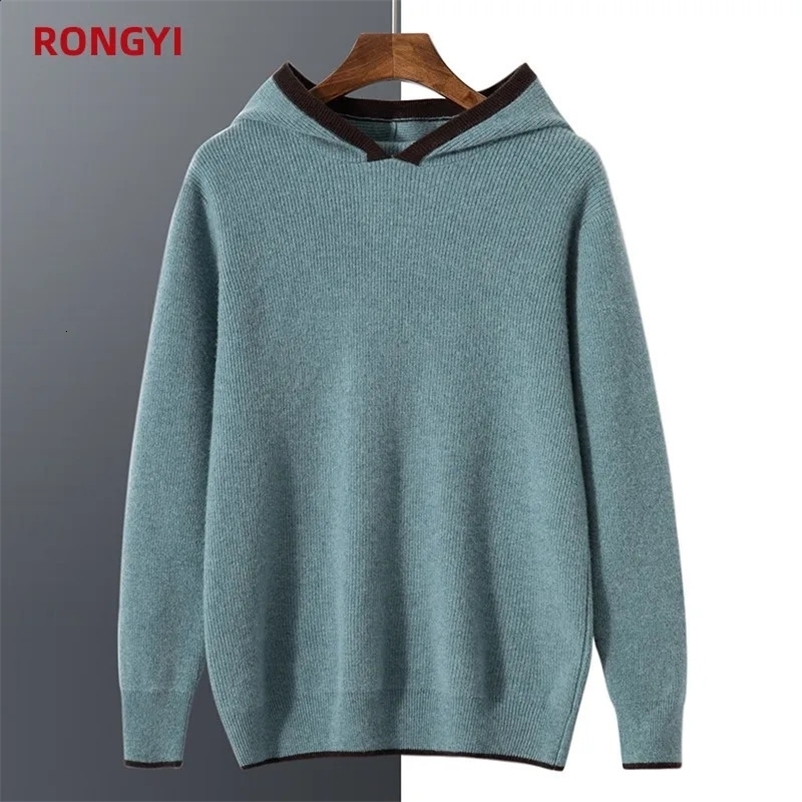 RONGYI 100% Pure Goat Cashmere Mens Sweater Pullover Autumn And Winter Thickened Keep Warm Casual Hooded Knitted Loose Top 240826
