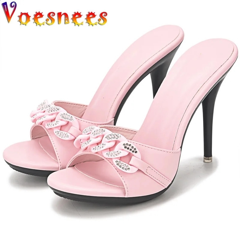 Diamond Chain Women Pumps Slippers Thin High Heels Party Shoes Fashion Solid Color Summer Dress Sandals Shallow Mouth 250122