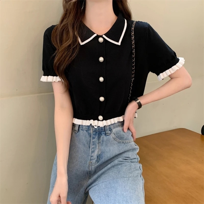 Sweet Women Shirt Korean Knitted Turn Down Collar Chic Short Sleeve Female Blouse Summer Retro Slim All Match Ladies Crop Tops250324bj