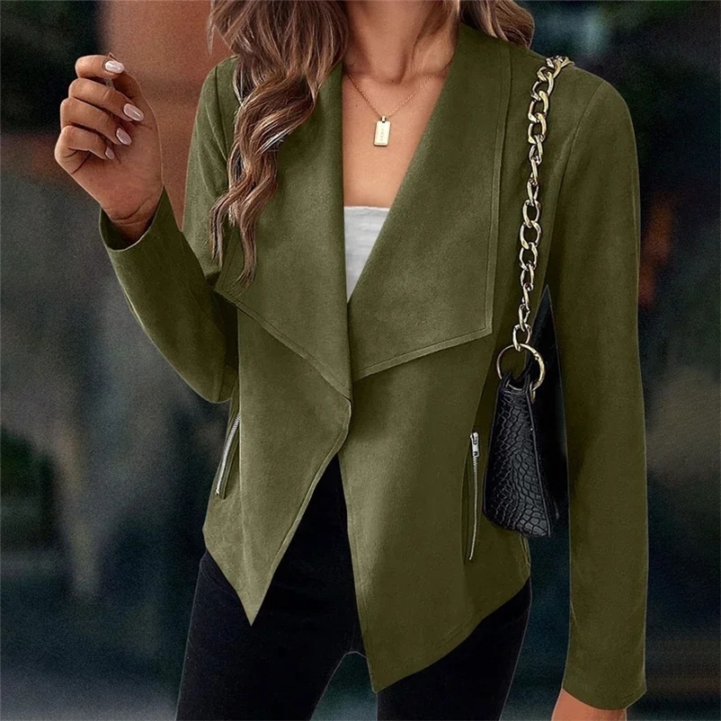 Womens Suit Jacket Solid Suede Lapel Zipper Pocket Office Commuting Formal Slim Cardigan Top Fashion Street Wear S-XL 240306