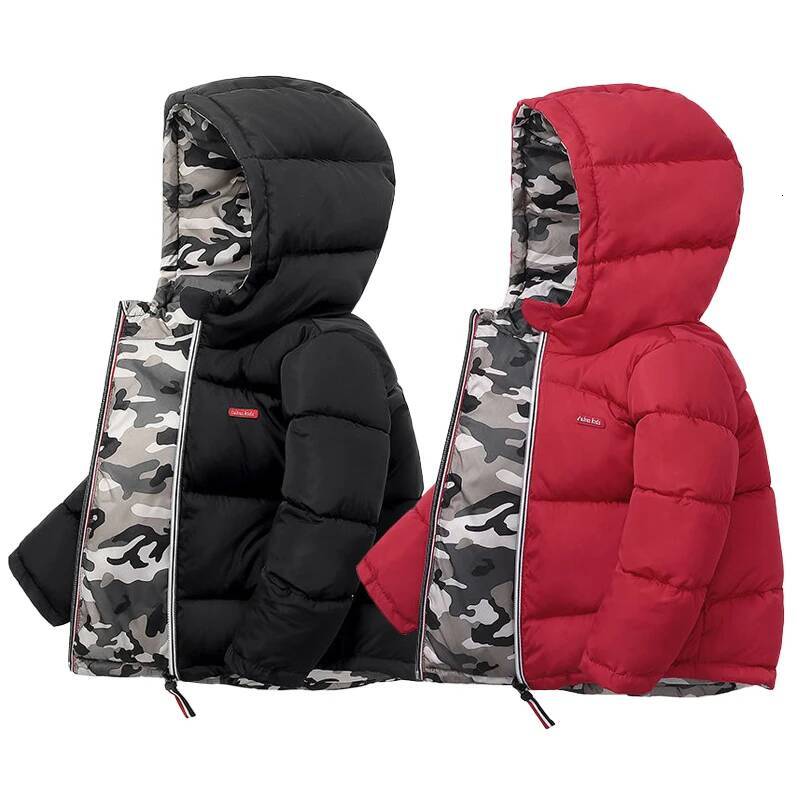 Les vestes en bas des garçons d'hiver épaississent un manteau à capuche à double couverture chaude pour 2 à 10 ans