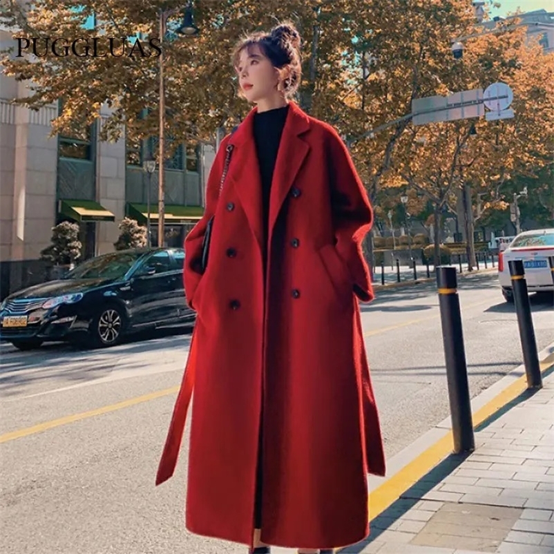 Winter Trench Coat For Women Elegant Fashion Korean Casual Thick Wool Coat Red Lace-up Long Jacket Black Woman Coat With Blet 240729