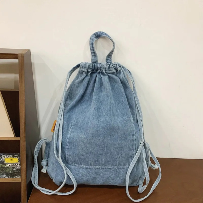 Mochila Washed Drawstring Canvas Bag for Womens Retro Fashion Travel Backpack Unisex Solid Color Denim Backpack 240809