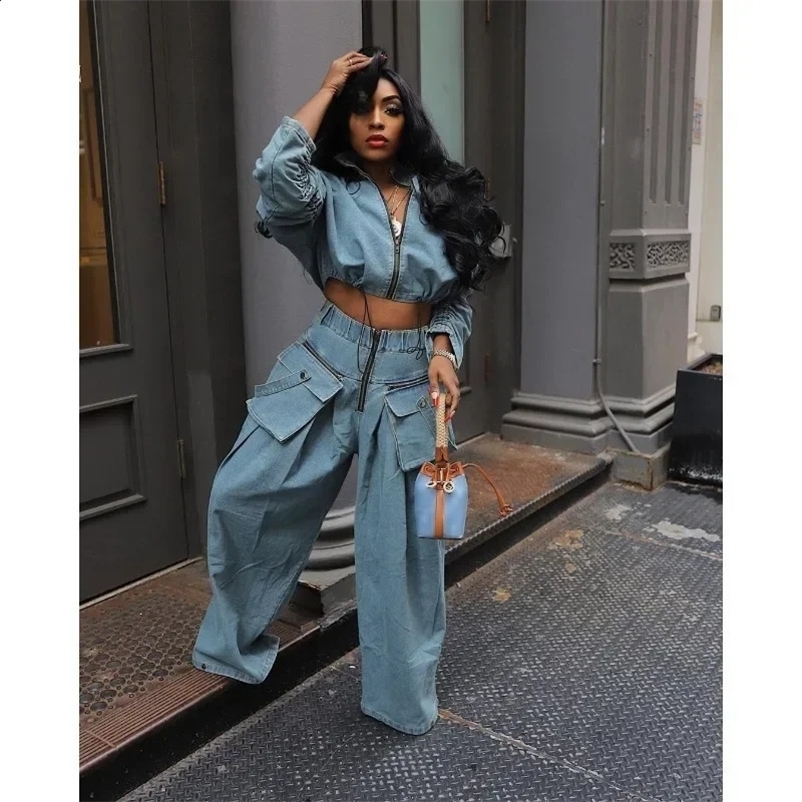 Solid Loose Casual Denim 2 Piece Set Women Autumn Stand Collar Zipper Jacket High Waist Pocket Wide Leg Pants Hipster Streetwear 240729