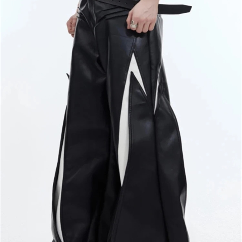 Mauroicardi Spring Autumn Cool Long Loose Casual White and Black Patchwork Pu Leather Pants Men Wide Leg Trousers Fashions 240816