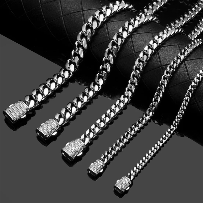 6/8/10/12/14mm HipHop Crystal Buckle Men Women 316L Stainless Steel Miami Cuban Link Chain Bracelet Fashion Jewelry 250117