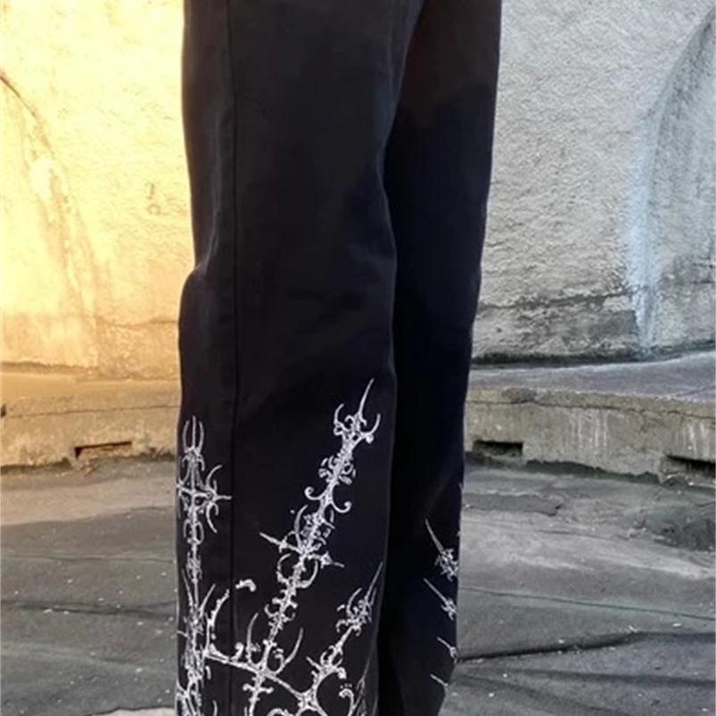 Gothic Punk Graphic Print High Waist Baggy Jeans Mens Womens Y2k Streetwear Black Straight Casual Denim Trousers Harajuku 240819