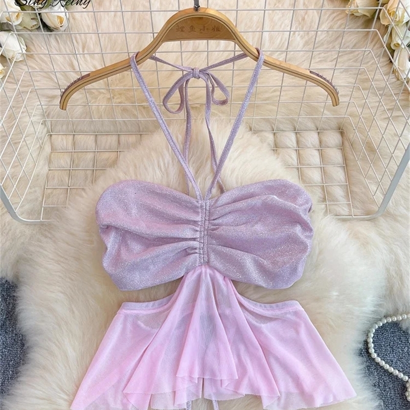 SINGREINY Vacation Strapless sweet Camis Chic Halter Sleeveless Lace Up Women Tank French Style Y2K Hollow Out Sexy Top 240415