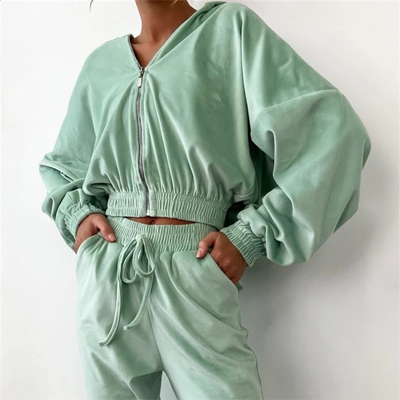 Womens Fall and Winter fashion set zipper hoodie Drawstring Tracksuit Trouser Solid color Two-piece set 240812