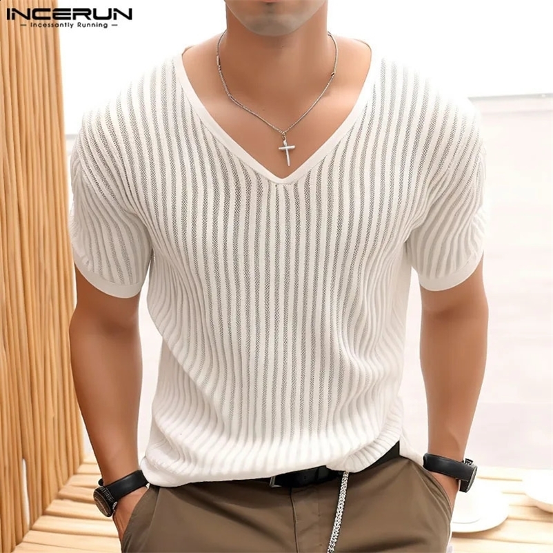 INCERUN Tops 2024 Korean Style Stylish Men Slightly See-through V-neck Striped T-shirts Male Casual Short Sleeved Camiseta S-5XL250222bj