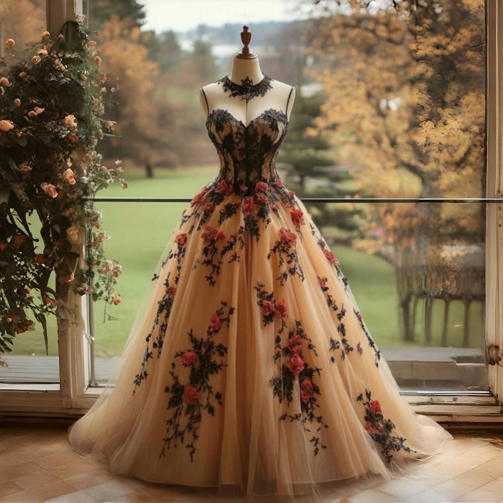 Black Lace Appliques Vintage Wedding Dresses With Dark Red Floral Tulle A-Line Floor Length Bridal Reception Gown Celebrate Dress