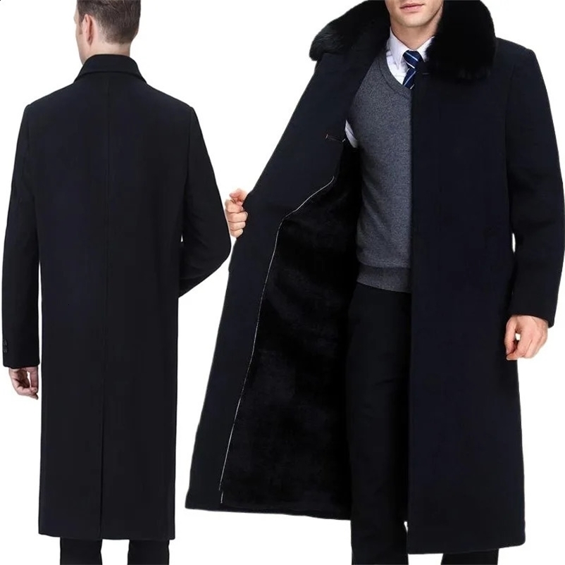 2024 Mens Clothing Woolen Coats Fashion Trench Coat Winter Men Clothes Thickened Plush Wool Blends Real Fox Fur Collar 241223bj
